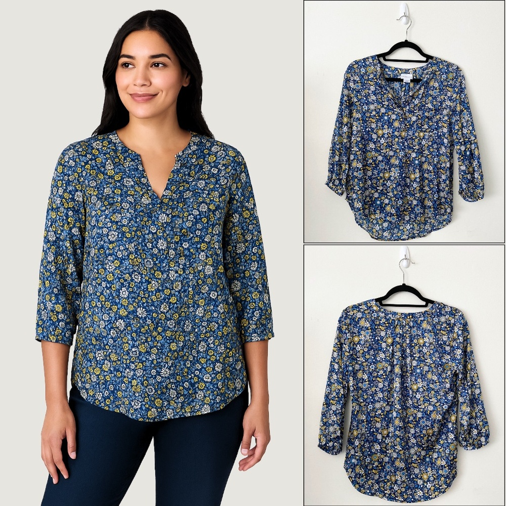 Liz Claiborne Floral Pattern Blouse - Blue, Yellow, and White